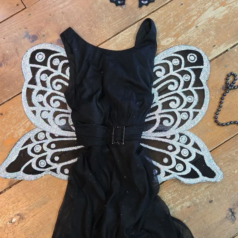 Elegant Black Butterfly Costume. Adult Size 8 Black DressPlus Wings, Mask, Beads